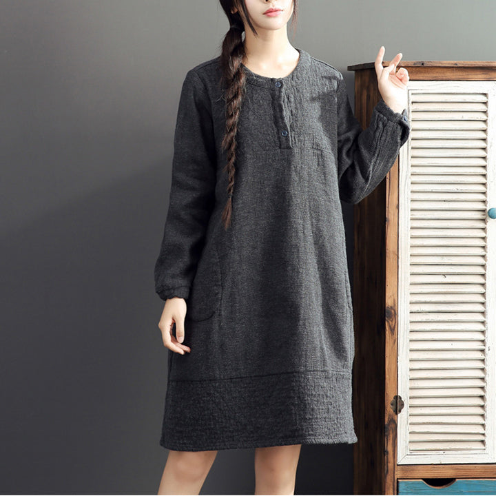 gray warm cotton linen dresses plus size casual long sleeve mid dress 2025