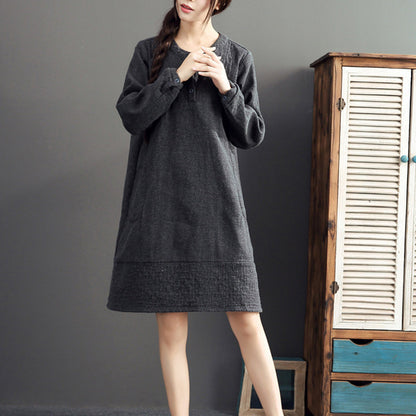 gray warm cotton linen dresses plus size casual long sleeve mid dress 2025