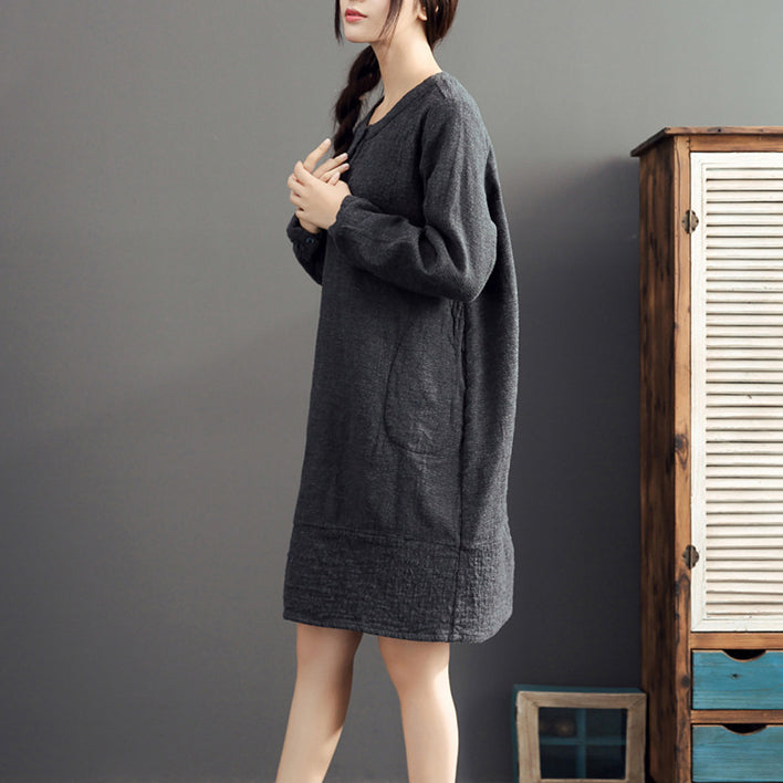gray warm cotton linen dresses plus size casual long sleeve mid dress 2025