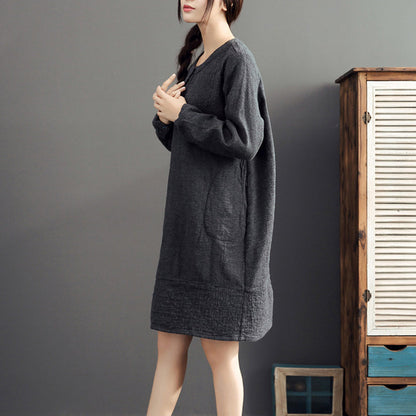 gray warm cotton linen dresses plus size casual long sleeve mid dress 2025