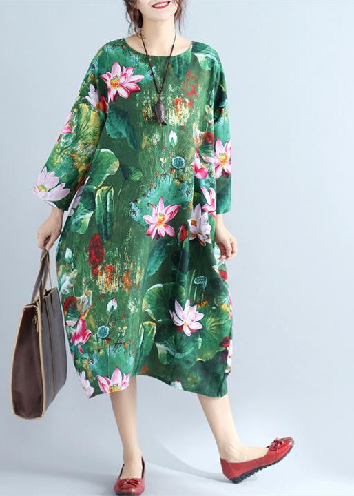 green prints linen shift dresses Loose fitting holiday 2018 wild long sleeve linen clothing dresses