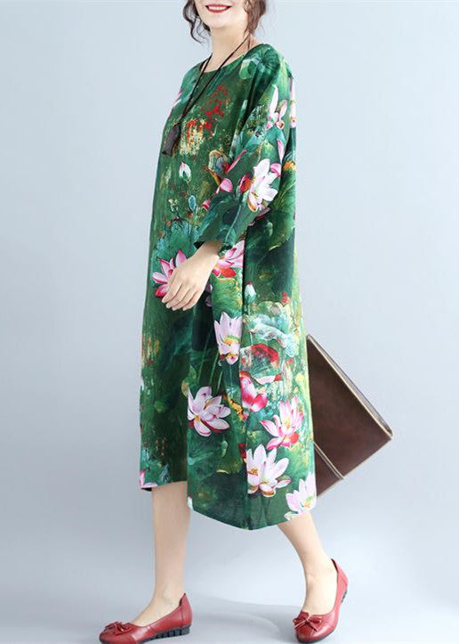green prints linen shift dresses Loose fitting holiday 2018 wild  long sleeve linen clothing dresses