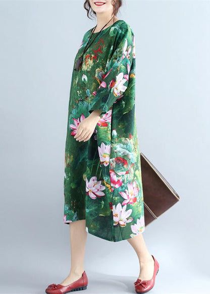 green prints linen shift dresses Loose fitting holiday 2018 wild  long sleeve linen clothing dresses