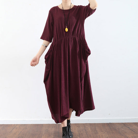 half sleeve burgundy baggy plus size dress pleated silk dresses long silk maxi dress tunic gown