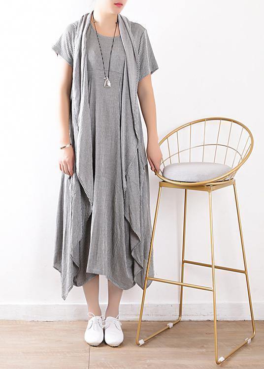 new 2019 gray linen two pieces sleeveless cardigans and o neck maxi dress - SooLinen