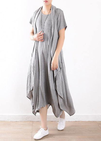 new 2019 gray linen two pieces sleeveless cardigans and o neck maxi dress - SooLinen