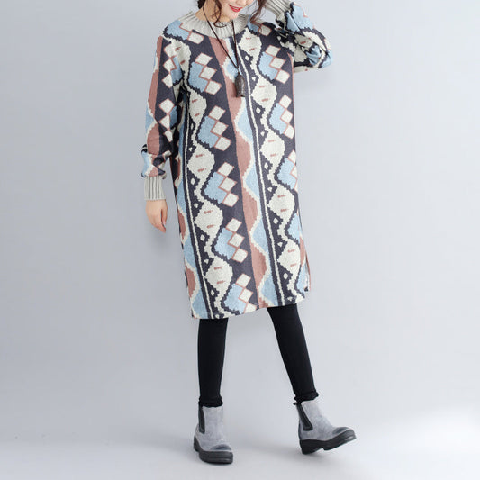 new khaki prints woolen sweater dresses oversize side open knit dress