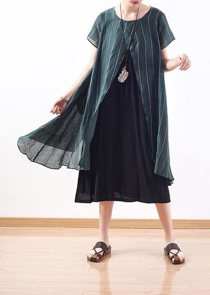 new original design green art  thin o neck fake two pieces of pinstripe dress - SooLinen