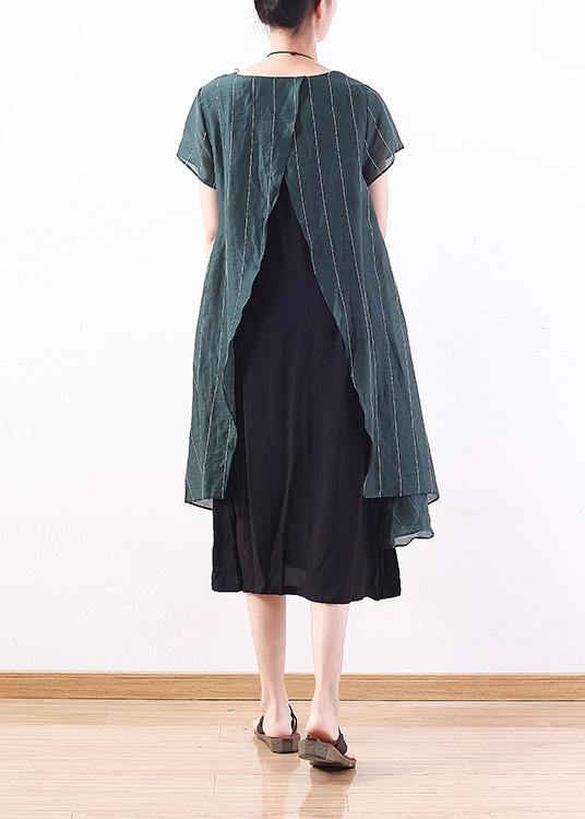 new original design green art  thin o neck fake two pieces of pinstripe dress - SooLinen