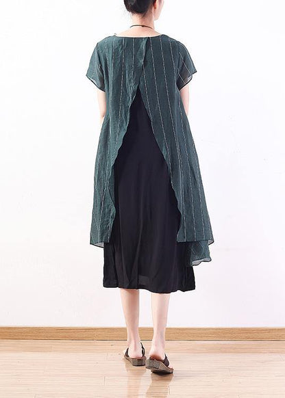 new original design green art  thin o neck fake two pieces of pinstripe dress - SooLinen