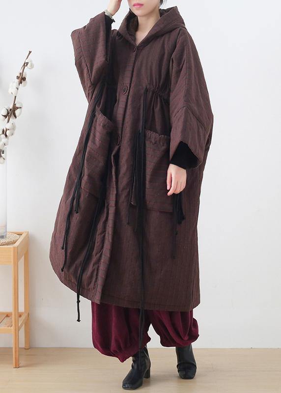 new ribbon big pocket hooded cotton coat long thick padded overcoat - SooLinen