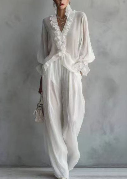 omen White Ruffled Cotton Women Sets 2 Pieces Fall