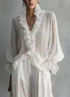 omen White Ruffled Cotton Women Sets 2 Pieces Fall
