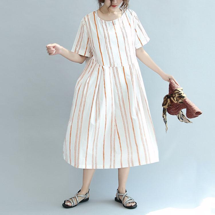 Pink Striped Patchwork Cotton Dresses Oversize Stylish Sundress Short Sleeve Maxi Dress