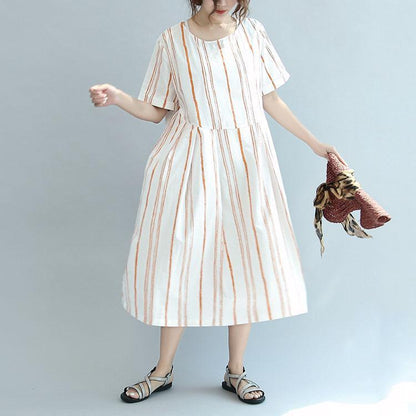 Pink Striped Patchwork Cotton Dresses Oversize Stylish Sundress Short Sleeve Maxi Dress