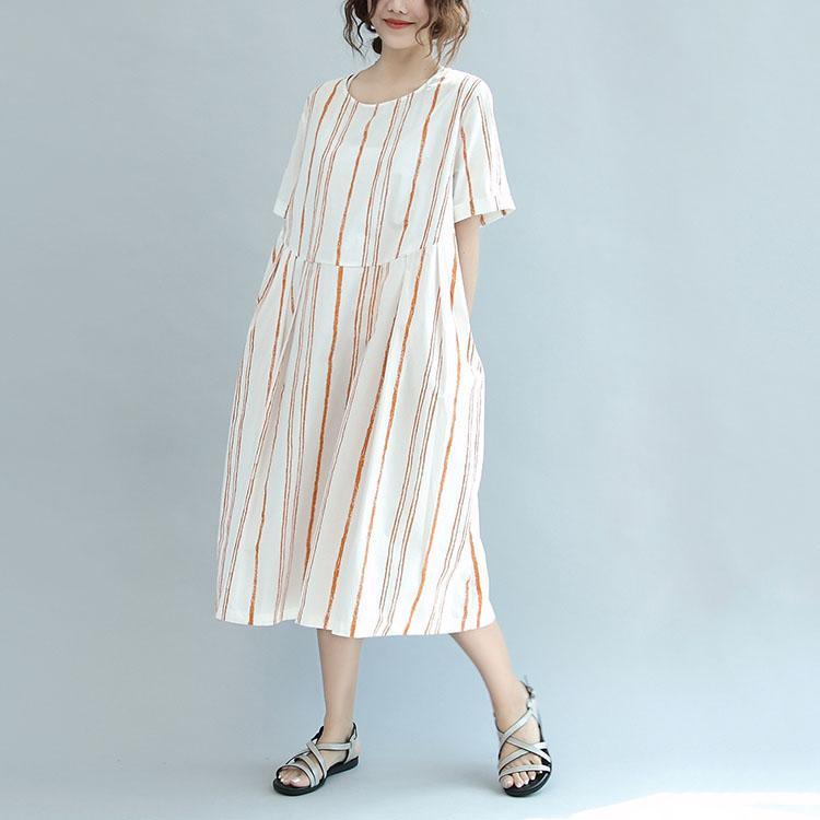 Pink Striped Patchwork Cotton Dresses Oversize Stylish Sundress Short Sleeve Maxi Dress
