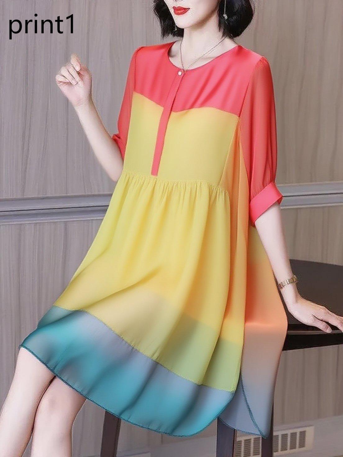 Fashion Ruffled Print3 Button Side Open Linen Vacation Dresses Half Sleeve