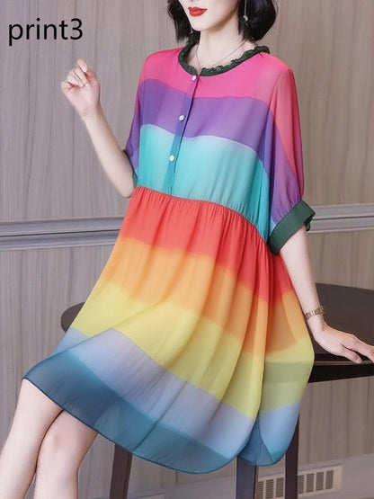 Fashion Ruffled Print2 Button Side Open Linen Vacation Dresses Half Sleeve