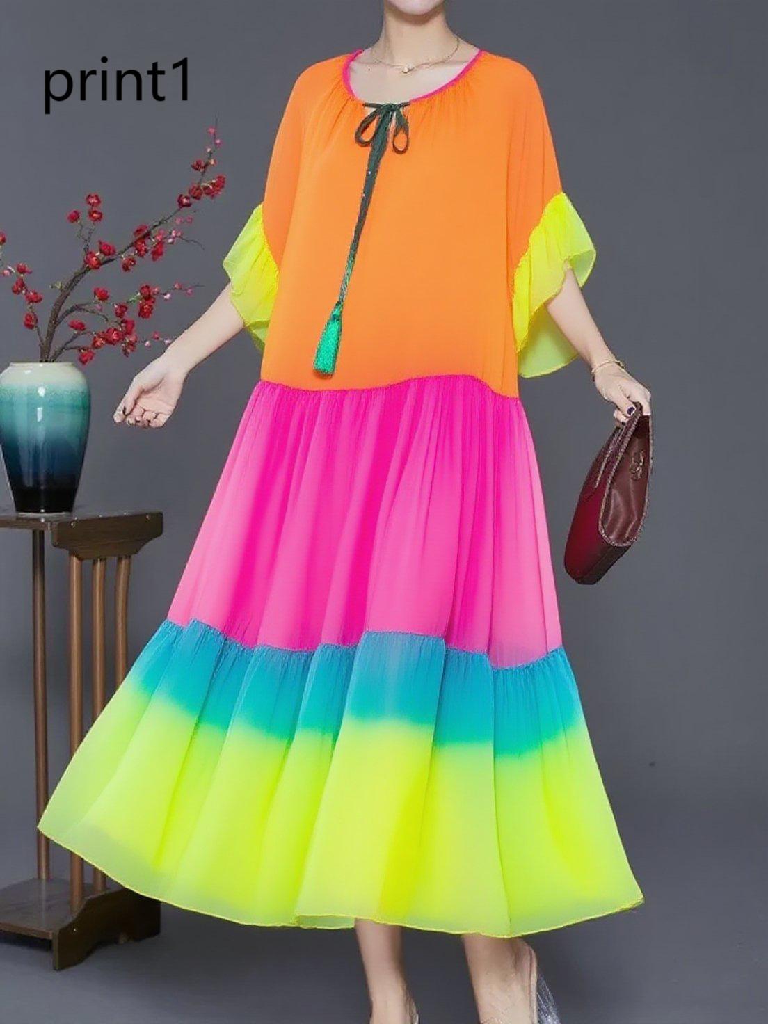 Plus Size Purple Print1 Ruffled Chiffon Party Dress Summer