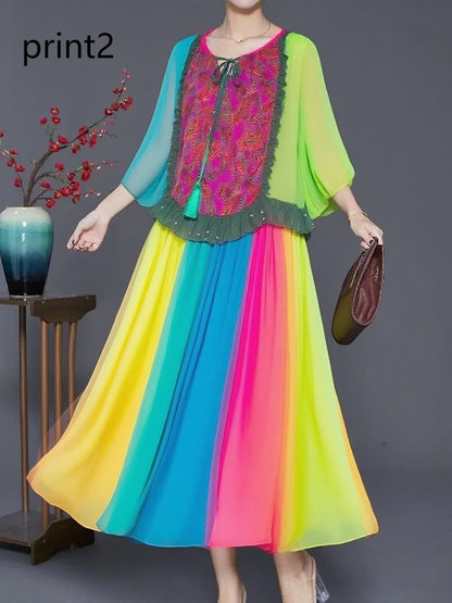 Plus Size Purple Print3 Ruffled Chiffon Party Dress Summer