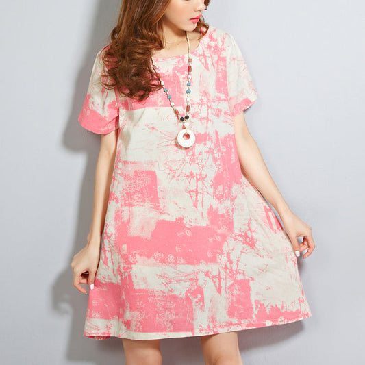 red linen dresses casual linen cotton dress vintage prints o neck short sleeve cotton dress