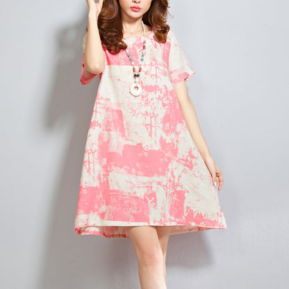 red linen dresses casual linen cotton dress vintage prints o neck short sleeve cotton dress