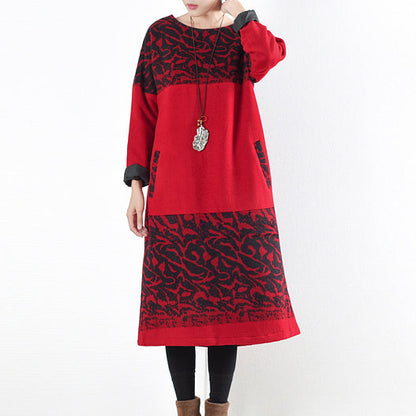 red vintage winter dresses 2025 winter woolen print maxi dress pullover caftans long shirts