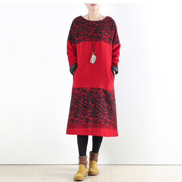 red vintage winter dresses 2025 winter woolen print maxi dress pullover caftans long shirts