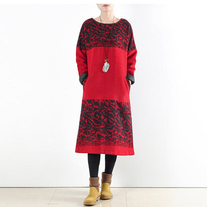 red vintage winter dresses 2025 winter woolen print maxi dress pullover caftans long shirts