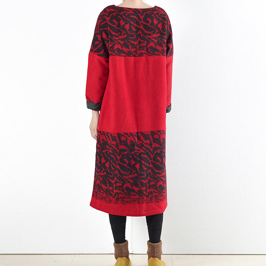 red vintage winter dresses 2025 winter woolen print maxi dress pullover caftans long shirts