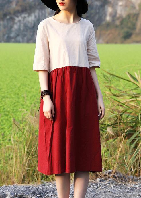 red women 2019 natural Cotton tunics for Summer Vintage Solid Color Short Dress - SooLinen