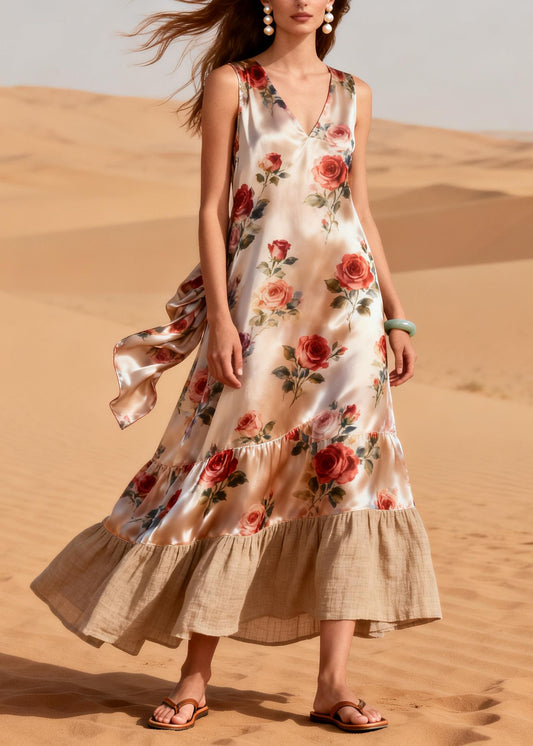 rench Beige Rose Patchwork Linen Silk Robe Dresses Summer