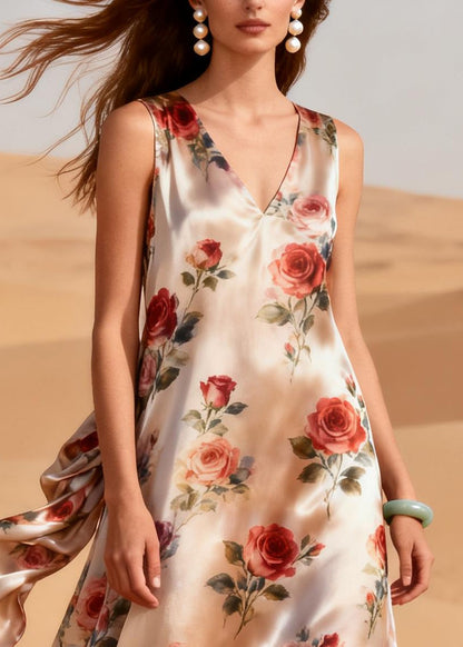 rench Beige Rose Patchwork Linen Silk Robe Dresses Summer