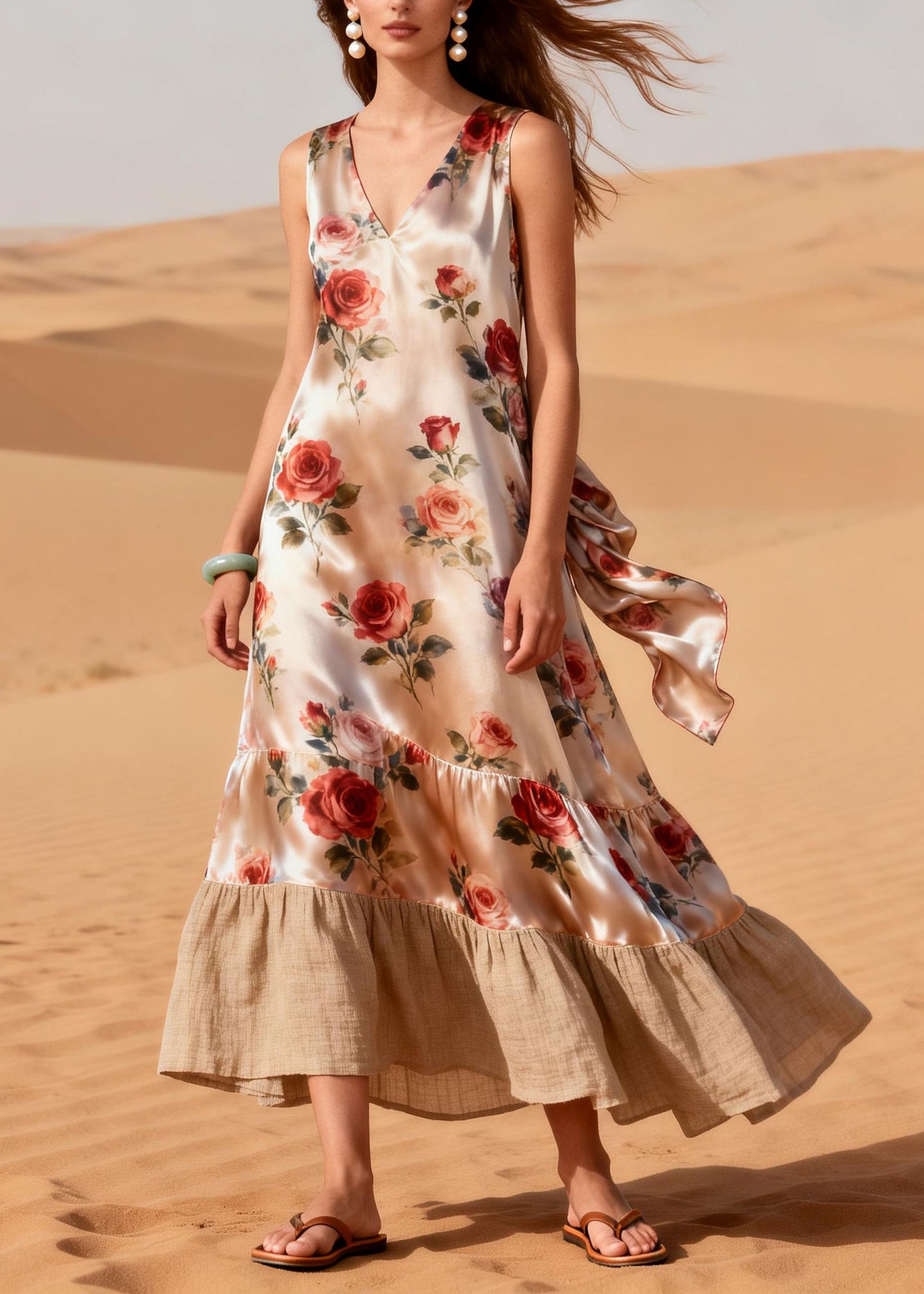 rench Beige Rose Patchwork Linen Silk Robe Dresses Summer