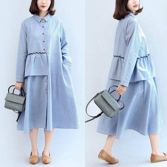 ruffles blue white striped cotton dresses plus size casual