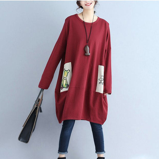 solid cotton pockets prints burgundy casual dresses oversize o neck mid dress