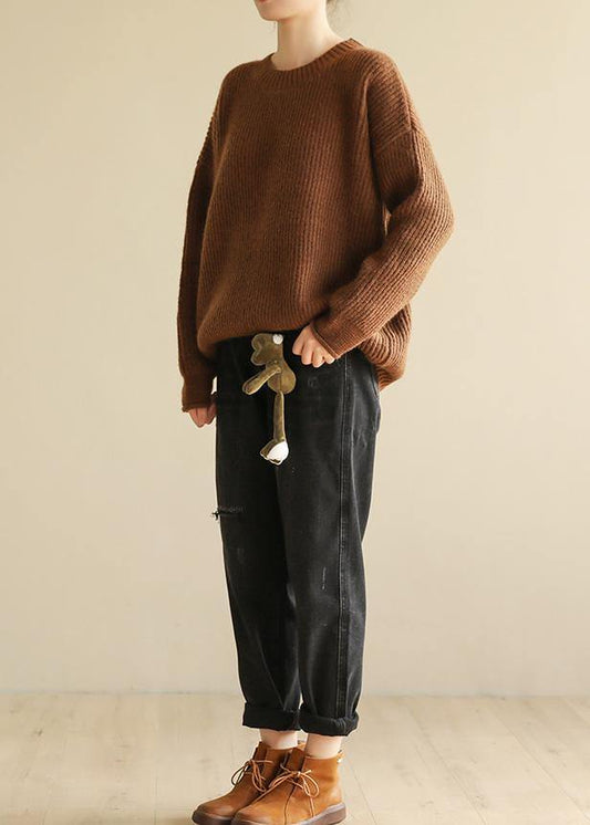 spring o neck brown sweaters casual long sleeve crane tops - SooLinen