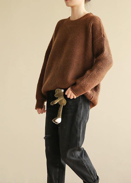 spring o neck brown sweaters casual long sleeve crane tops - SooLinen