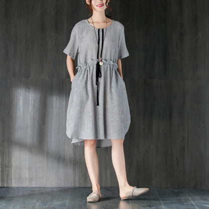 stylish Midi cotton dresses Loose fitting Gray Women Summer Dress with Ruffles and Ribbon