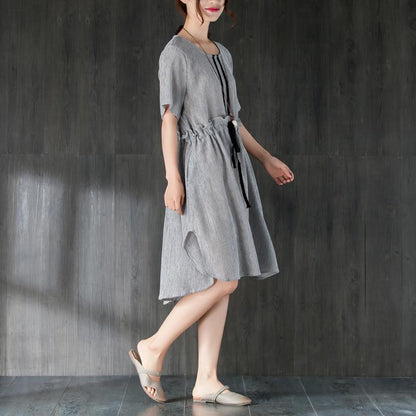 stylish Midi cotton dresses Loose fitting Gray Women Summer Dress with Ruffles and Ribbon