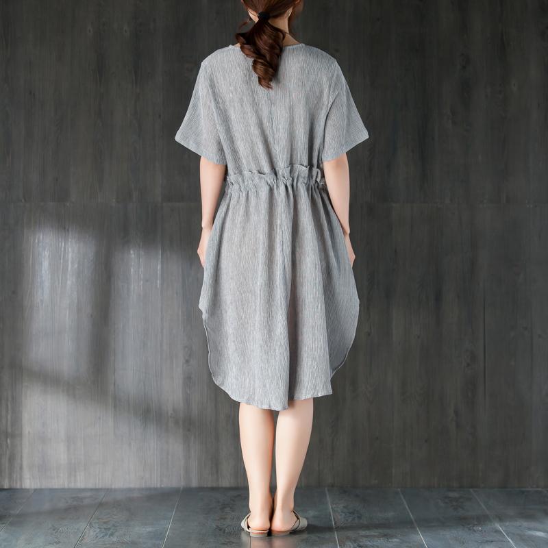 stylish Midi cotton dresses Loose fitting Gray Women Summer Dress with Ruffles and Ribbon