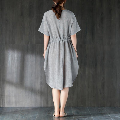 stylish Midi cotton dresses Loose fitting Gray Women Summer Dress with Ruffles and Ribbon