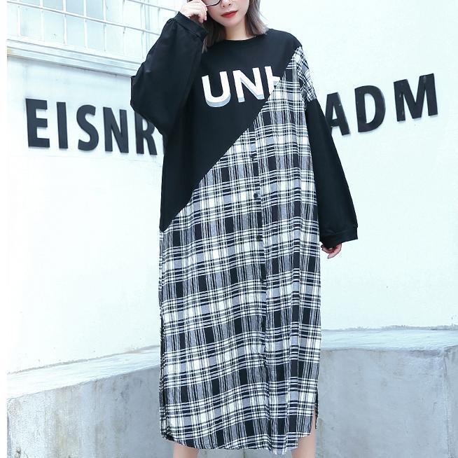 stylish black Plaid patchwork cotton blended dresses O neck caftans women side open baggy dresses