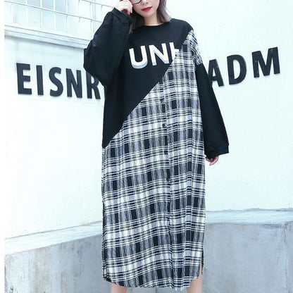 stylish black Plaid patchwork cotton blended dresses O neck caftans women side open baggy dresses