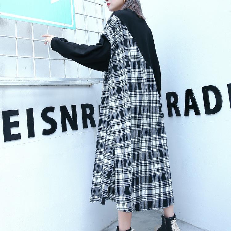 stylish black Plaid patchwork cotton blended dresses O neck caftans women side open baggy dresses