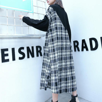 stylish black Plaid patchwork cotton blended dresses O neck caftans women side open baggy dresses