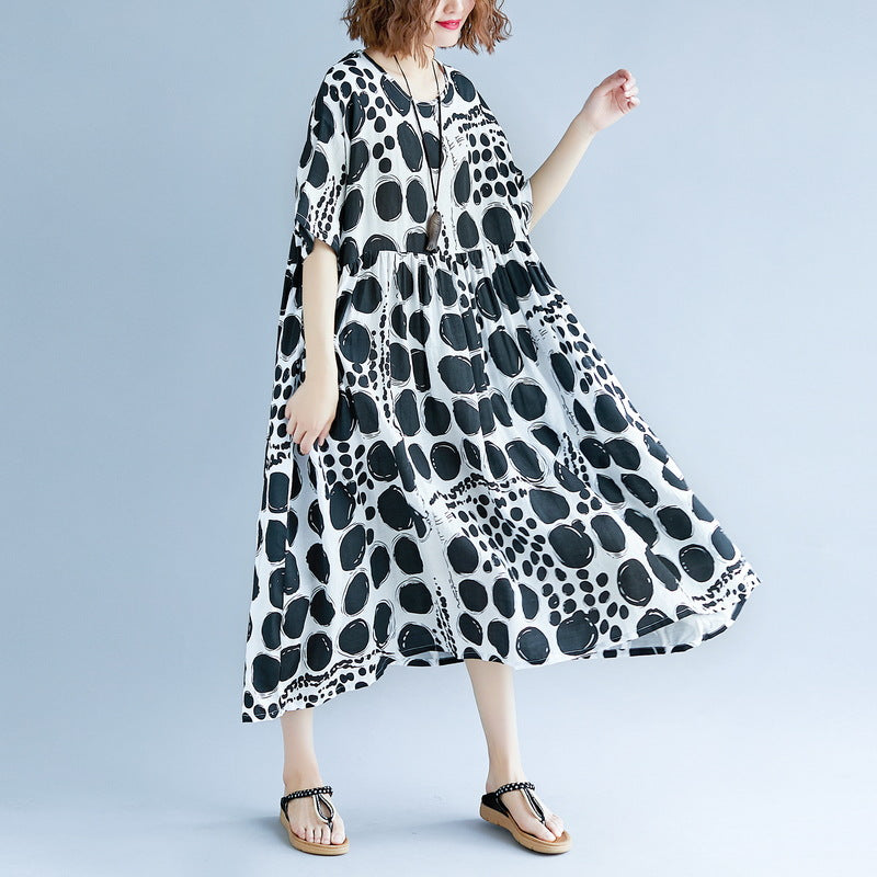 stylish black cotton linen maxi dress oversized short sleeve print baggy dresses cotton gown casual v neck traveling clothing