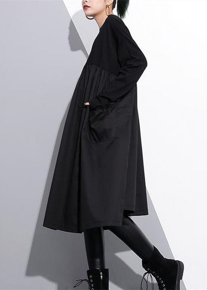 stylish black cotton shift dress plus size cotton clothing dress Elegant high waist patchwork cotton dress