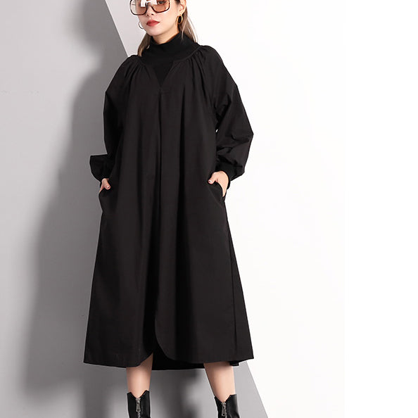 stylish black fall dress plus size clothing Turtleneck cotton blended maxi dress vintage front side open false two pieces cotton blended caftans