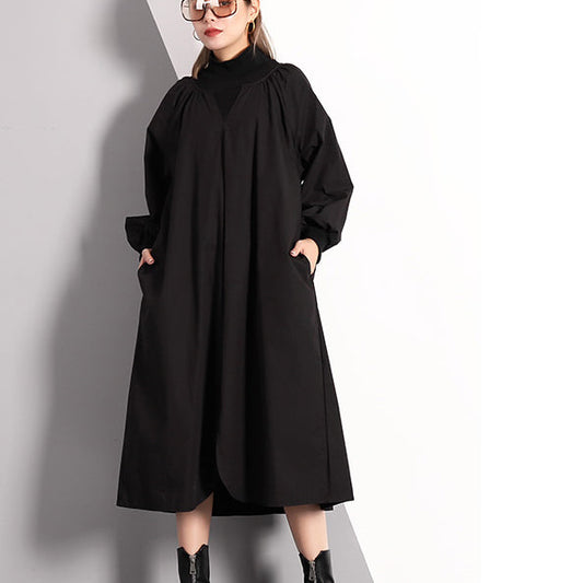 stylish black fall dress plus size clothing Turtleneck cotton blended maxi dress vintage front side open false two pieces cotton blended caftans
